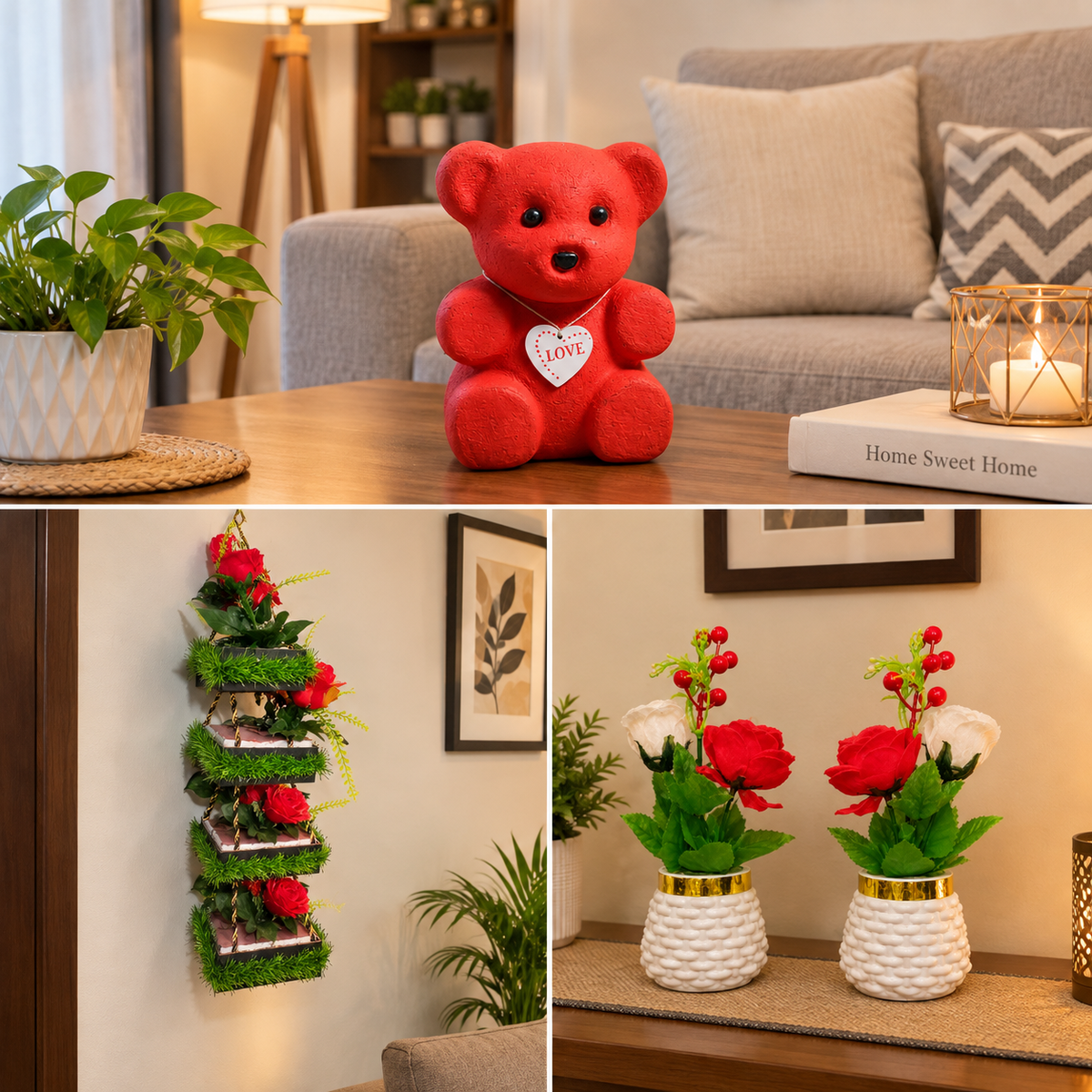 🌿 Beautiful Home Decor Combo – 2 Flower Pots + Teddy Bear + 3-Tier Hanging Planter