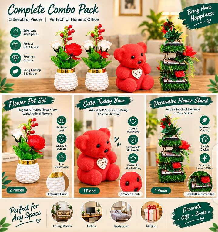 🌿 Beautiful Home Decor Combo – 2 Flower Pots + Teddy Bear + 3-Tier Hanging Planter