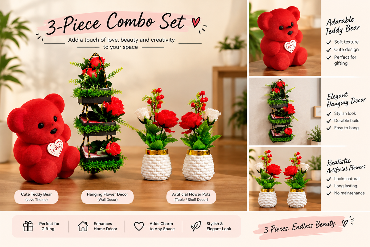 🌿 Beautiful Home Decor Combo – 2 Flower Pots + Teddy Bear + 3-Tier Hanging Planter