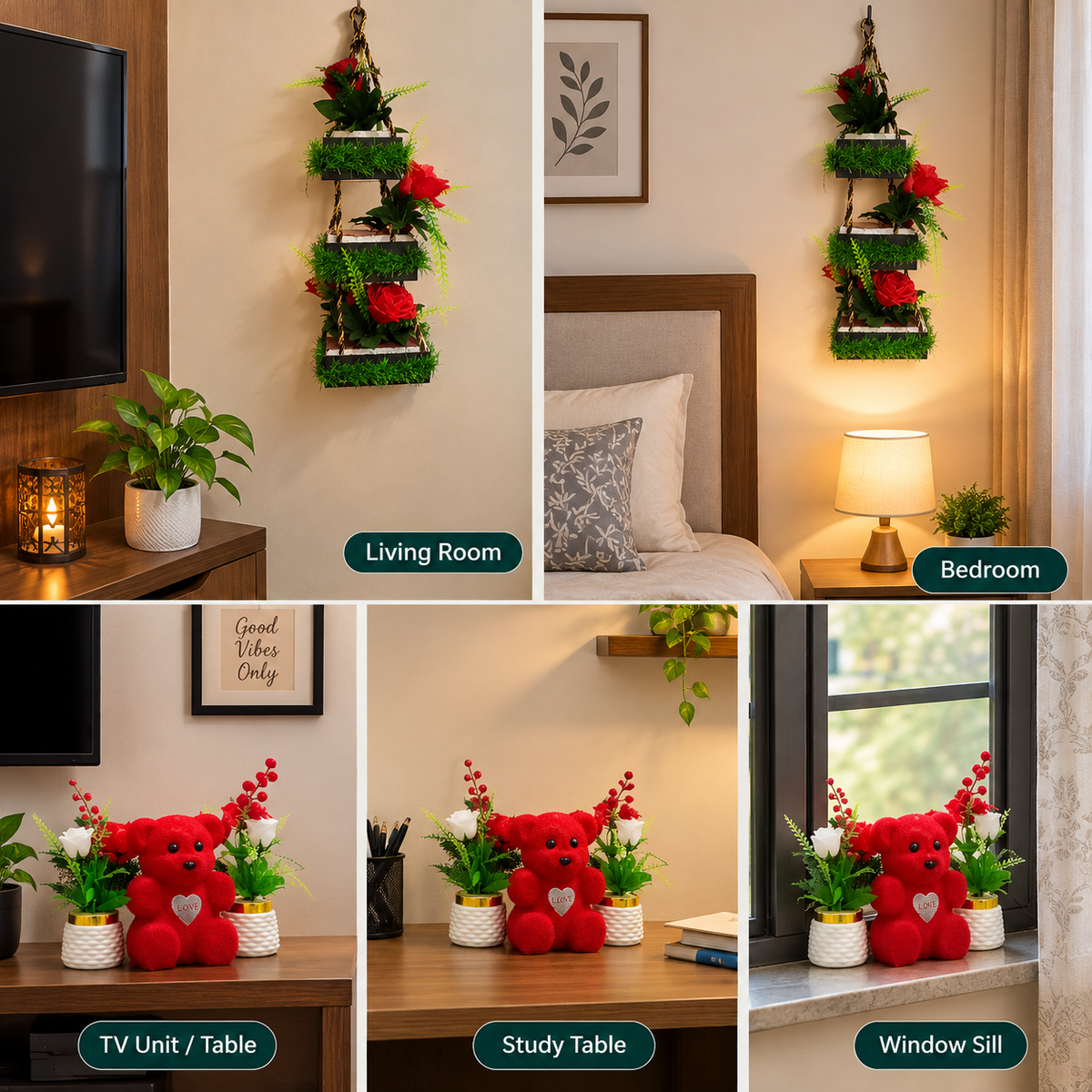 🌿 Beautiful Home Decor Combo – 2 Flower Pots + Teddy Bear + 3-Tier Hanging Planter